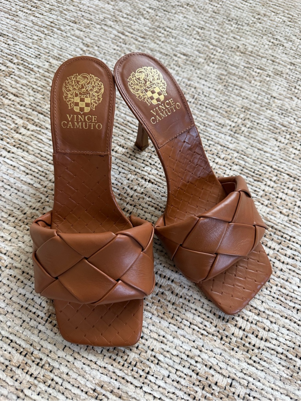 Vince Camuto Tan Woven Leather Slide Heels
